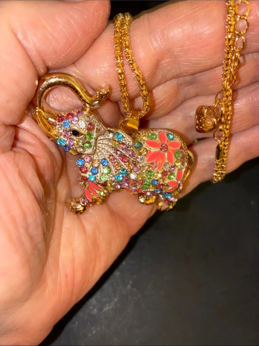 Multicolor Elephant Pendant Necklace - Floral Crystal Accent and Gold Tones